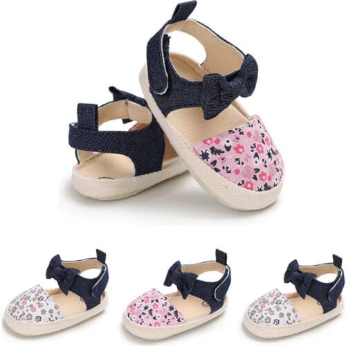 Summer Cute Toddler Kids Baby Girl Bowknot Floral Print Sandals Shoes Cotton Flat With Heel Hook Shoes 3 Style Outfit 0-18M