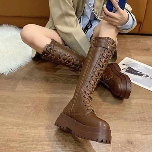 Women Luxury Mid Calf Boots Lace up Platform Ladies Non Slip Zipper PU Leather Shoes Woman Fashion Casual Female Footwear