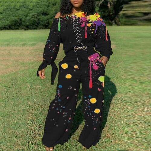 Trendy Inkjet Print Set Tracksuit Off-shoulder Full Sleeve Lace Up Crop Top+Sports Drawstring Wide Leg Pants 2 Pcs Matching Suit