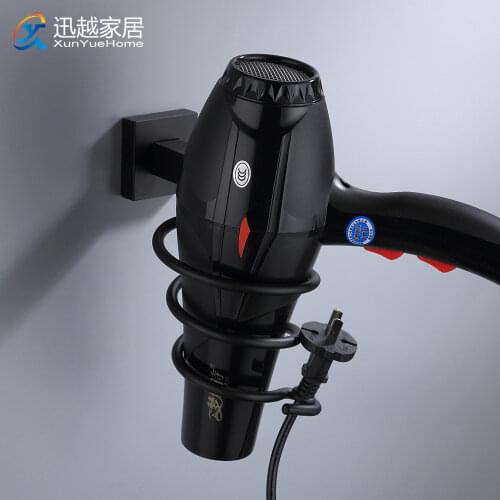 Shower Hair Dryer Holder Stand Black Aluminum Shelves Wall Storage Blower Rack Punch-Free Bathroom Bracket Drill Accessories