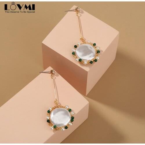 LovMi Retro Pearl Drop Earrings For Lady Women Natural Abalone Shell Oval Shaped with small Pearl Long Dangle Earrings For Party