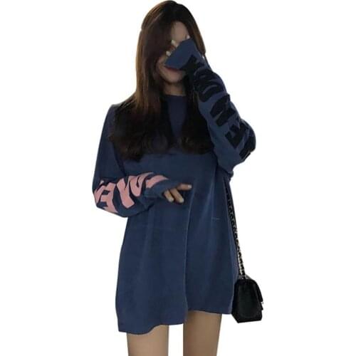 Yedinas Vintage Letter Print Women Autumn Long Sleeve O Neck Top Pullover Sweater Blouse T-Shirt Aesthetic Streetwear T Shirt