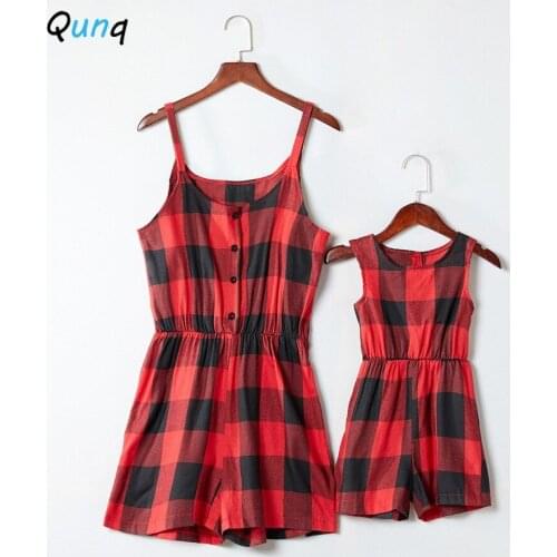 Qunq Mommy and Me Onesies Romper 2021 New Summer Plaid Print Jumpsuits for Woman Girl Mother Daughter Family Matching Clothing