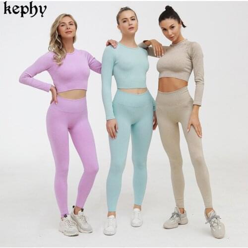 2021 Women leisure long sleeve Yoga suit breathable sports running two piece tight knitted seamless fitness outfits for women