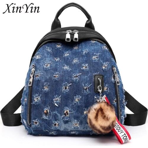 Vintage washed denim hollow backpack women school bag for teenage girls light ladies travel backpack high capacity tote bags