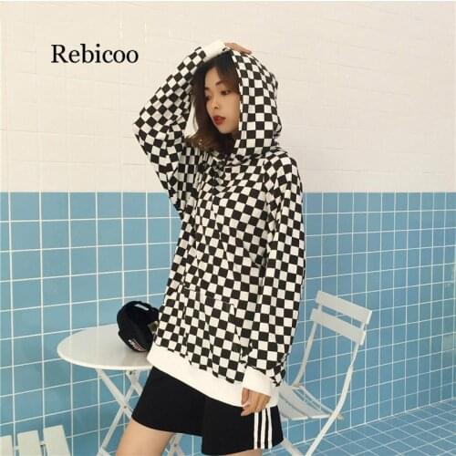 Rebicoo Fashion Black White Plaid Loose Long Sleeve Hooded Sweatshirts Women Checkerboard Hoodies Spring Autumn Streetwear
