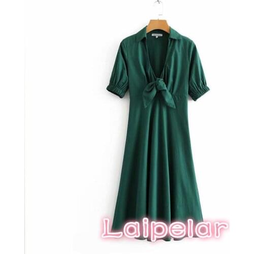 Summer bow short sleeve elegant dress women v neck green midi dress korean loose office beach shirt dress casual vestidos
