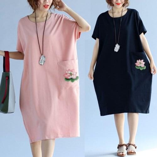 Women Chinese Embroidery Dress 2020 New Summer Plus Size Midi Dresses Short Sleeve Casual Loose Dresses Female vestidos