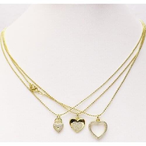 10 Pcs Zircon Heart shape pendants necklace Gold Beaded style chain Handmade jewelry necklace wholesale women jewelry gift 7329