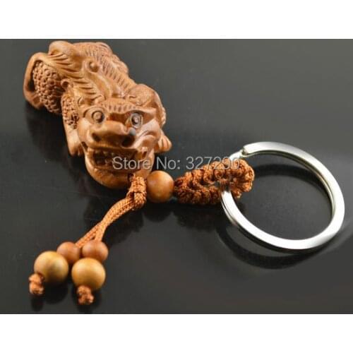 10pcs Wood Carved Pixiu Key Chain Fashion Jewelry Keychain Silver Key Ring