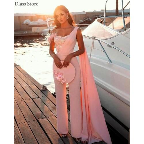 2021 New Sequin Suit Prom Dress Pant Wrap Feather One Shoulder Pink Evening Dress vestidos de fiesta de noche largos elegantes