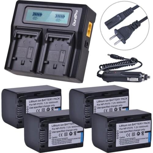4Pc NP-FH70 3000mAh NP FH70 Battery + Rapid LCD Dual Charger for Sony NP-FH30 NP-FH40 NP-FH60 NP-FH50 NP-FH70 HDR-XR Series