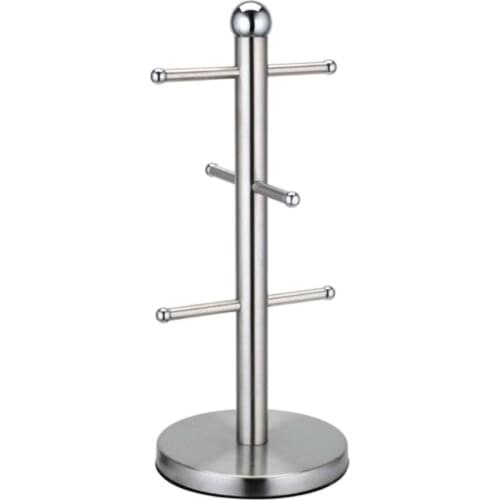 6 Hooks Coffee Tea Cup Storage Holder Stainless Steel Drinkware Shelf Stand Kitchen Mug Hanging Display Rack