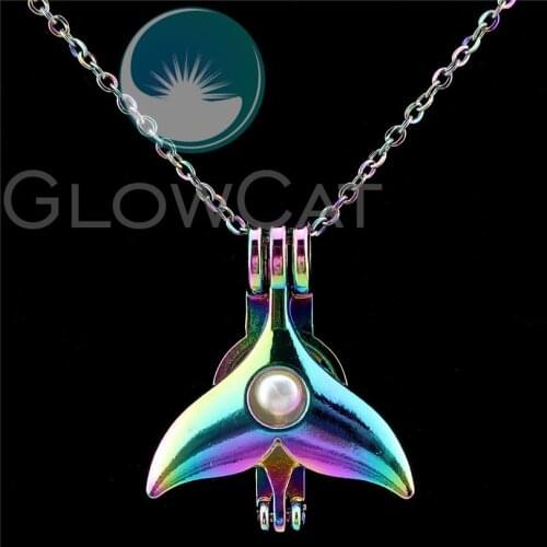 C921 Rainbow Colors Ocean Fin Tail Beads Cage Perfume Diffuser Pearl Cage Locket Necklace Kids Girl Gift