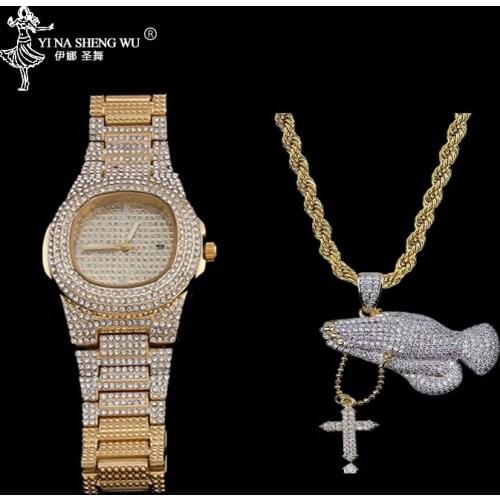 Iced Out Praying Hand With Cross Pendant Necklace&Watch Set Men Gold Silver Color Hip Hop Charm Jewelry Necklace Chain For Gifts