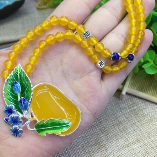 S925 pure silver inlay topaz pulp mana burn cloisonne large leaf pendant sweater chain