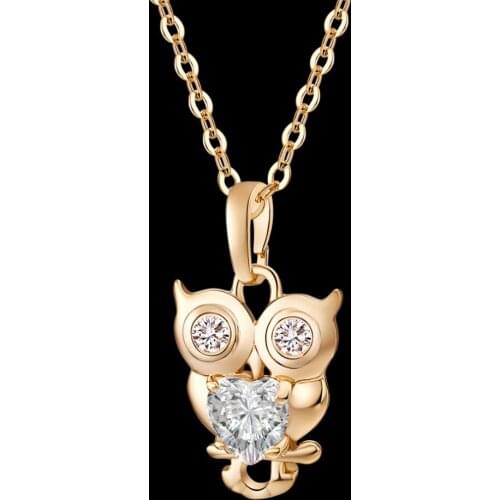 Funny Cute owl chain necklace childlike Crystal Heart Cubic Zirconia owl gold color Pendant Necklace jewelry Christmas gift