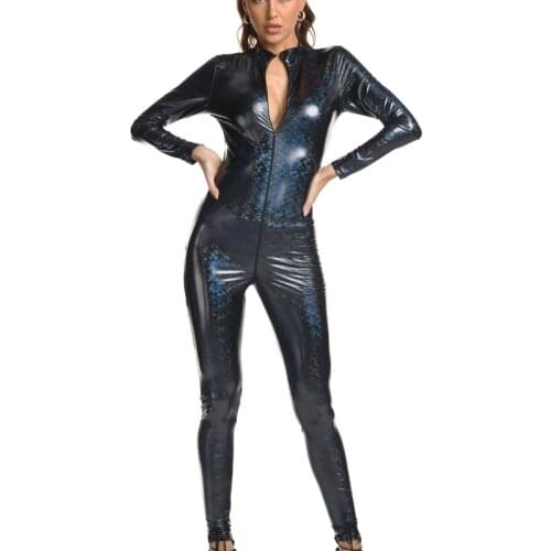 Print Erotic Sexy Crotchless Latex Bodysuit Double Zipper Dress for Sex Woman Exposing Open Crotch Leather Catsuit Lingerie