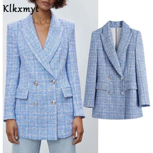 Klkxmyt Za Women 2021 Fashion Office Wear Double Breasted Plaid Tweed Blazer Coat Vintage Long Sleeve Female Outerwear Chic Tops