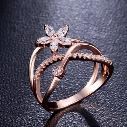 Simple Narrow Rhinestone Rose gold Rings Cross Three Double Layer Stone Crystal Flower Finger Ring for Women Jewelry Gift