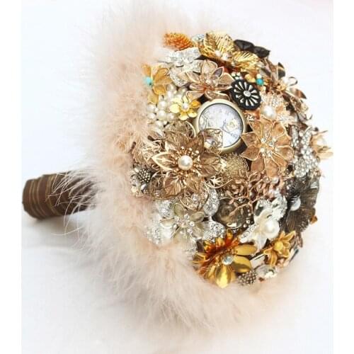 Brown & Gold Vintage Bridal brooch bouquet Feathers decorated wedding bouquets Bride bouquet