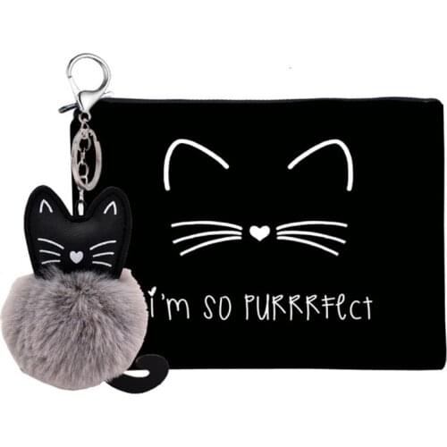 Cosmetic Bag with Pendant Cute Cat Printed Small Makeup Bags Travel Waterproof Toiletry Bag for Women Girls