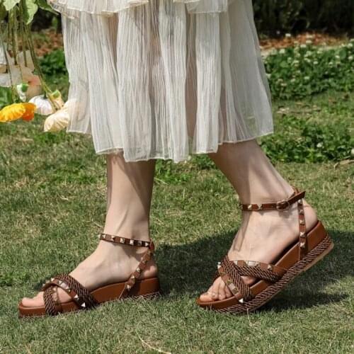 New women rivet sandals summer plantform shoes esparilles sandals genuine leather shoes outdoor