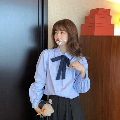 Spring and Autumn New 2021 Blue Shirt Womens Design Sense Niche Small Shirt French Sweet Spring Top