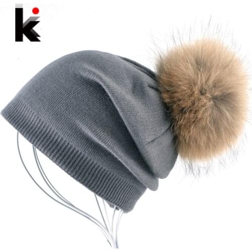 Autumn And Winter Ladies Knitted Wool Bonnet Beanie Hat Women Real Fur Big Ball PomPom Solid Skullies Caps Girls Touca Feminina