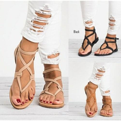 2020 Women Summer New Fashion Flat Sandals PU Cross Straps Large Size Women Sandals Outdoor Beach Shoes Flip Flops Women