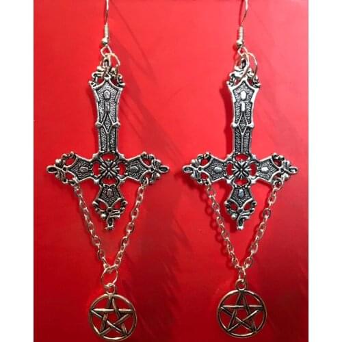 Gothic Silver Colour Inverted Cross Pentagram Earrings Satanic Occult Alternative Grunge Jewellery Down Goth Punk Men Women