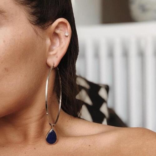 GULCE DERELI, NAVY BLUE NATURAL STONE CHARM EARRINGS, HOOP EARRINGS, CHARM EARRINGS, GIFT BOX, GOLD/SILVER PLATED