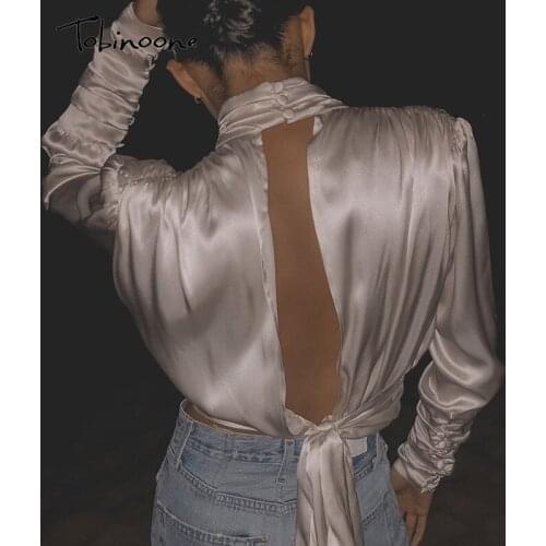Tobinoone Sexy Backless Hollow Out Womens Top And Shirts Slim Long Sleeve Elegant Ruched White Shirt Blouses Streetwear Tops