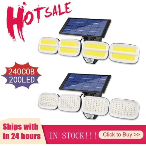 Outdoor Solar Lights 4 Head Human Sensor Wide Angle Illumination 200LED/240COB Super Bright Waterproof Remote Control Wall Lamp