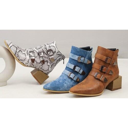 Sexy Buckle Ankle Boots for Women Winter 2020 Fashion Female Booties Shoes Leather Retro Style Boots Womans Shoes Snake Stripe