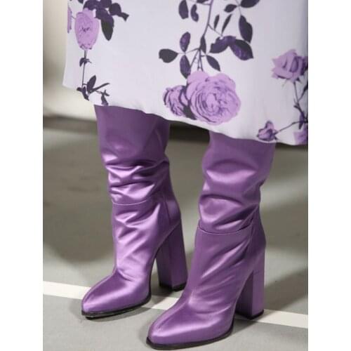 Women Purple Boots Block High Heel Satin Material Elegant Ladies Dress Wedding Shoes Slouch Style Knee High Long Boots Big Size