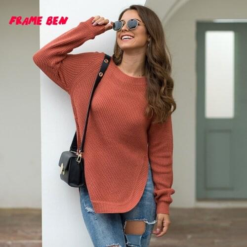 FRAME BEN 2019 Autumn and Winter Casual Solid Hem High Slit Round Neck Long Sleeve Pullover Sweater Casual Top Plus Size