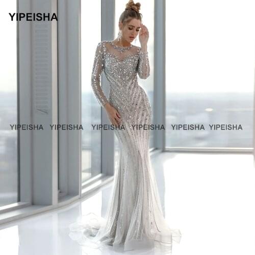 Yipeisha Jewel Long Sleeves Prom Dresses Luxury Crystals Mermaid Evening Dress Silver Robe de Soiree Custom Made Banquet Gown