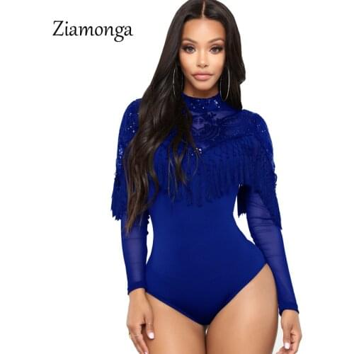 Ziamonga Long Sleeve Sequins Bodysuit Women Bodycon Jumpsuit Romper Sexy Tassel Body Feminino Elegant Clubwear Macacao Feminino