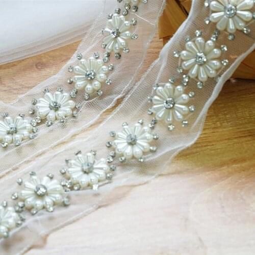 1Yard Pearl Beaded Lace Trim Collar Ribbons African Lace Sewing Materials Crafts For Clothes Wedding Dress