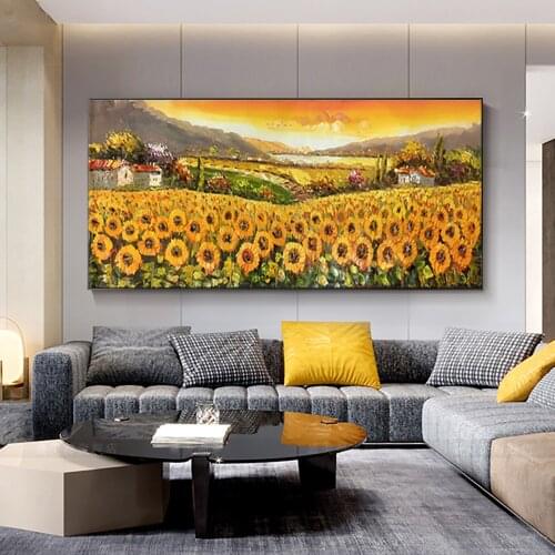 100%Hand-Painted Sunflower Oil Painting On Canvas Handmade Large Garden Landscape Canvas Painting For Living Room Decor Unframed