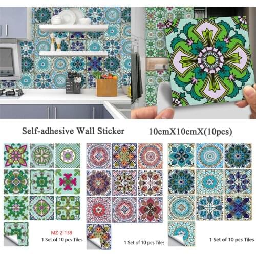 10X10cm 10pcs Mosaic Small Floral PVC Self-adhesive Wall Stickers Living Room Kitchen Waterproof Mosaic Simulation Tile Stickers