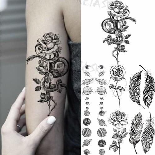 3D Black Rose Snake Temporary Tattoos For Women Adult Universe Planet Feathers Fake Tattoo Customized Armband Waterproof Tatoos