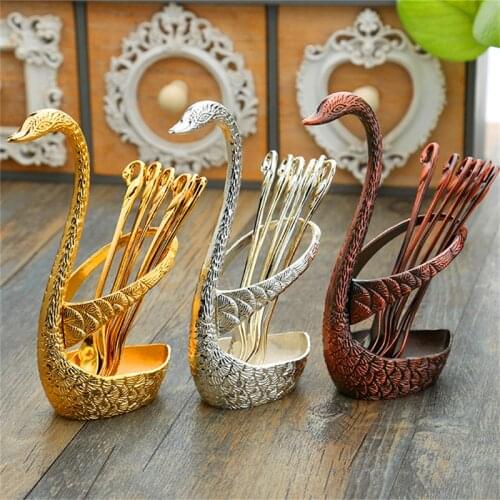 7Pcs Swan Fruit Base Holder Forks Set Stainless Steel Salad Dessert Forks Coffee Spoon Cake Tableware Zero Waste Talher Flatware
