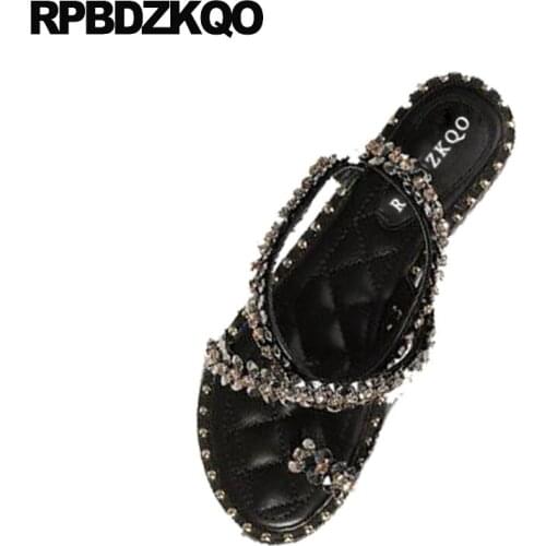 Crystal Fashion Diamond Toe Ring Shoes Black White Flat Ankle Strap Soft Bling Rhinestone Designer Sandals Women Luxury 2019