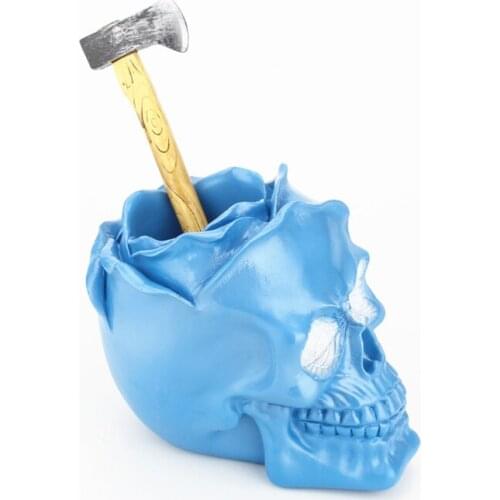 1 Pcs Blue Skull Desktop Pen Holder Office School Storage Case Resin Desk Pen Pencil Organizer Office Home Creativity Decoration