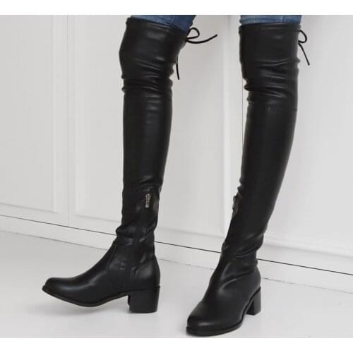 Black Thigh High Boots Women Fashion Sexy Long Boots Women Leather Winter Round Toe Thick Heel Over The Knee Boots Size 33-42
