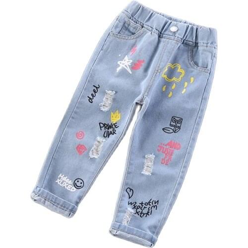 Girls jeans 2021 spring and autumn new girl cartoon trendy pants female baby sweet fashion jeans childrens long pants