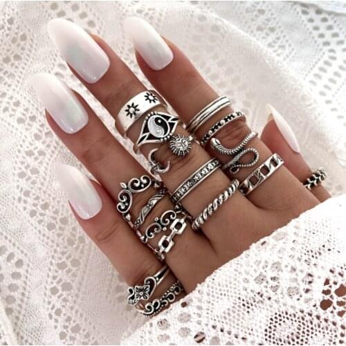 15pcs/set ) Vintage Rings Set For Women Girls Punk Geometric Snake Finger Rings 2021 Trend Jewelry Hip-hop Party Gift
