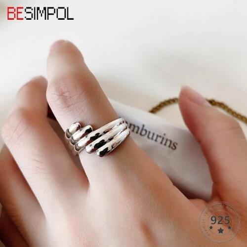 Besimpol Real 925 Sterling Silver Ring French Style Trendy Sector Texture Adjustable Ring for Women Fashion Fine Jewelry Gifts